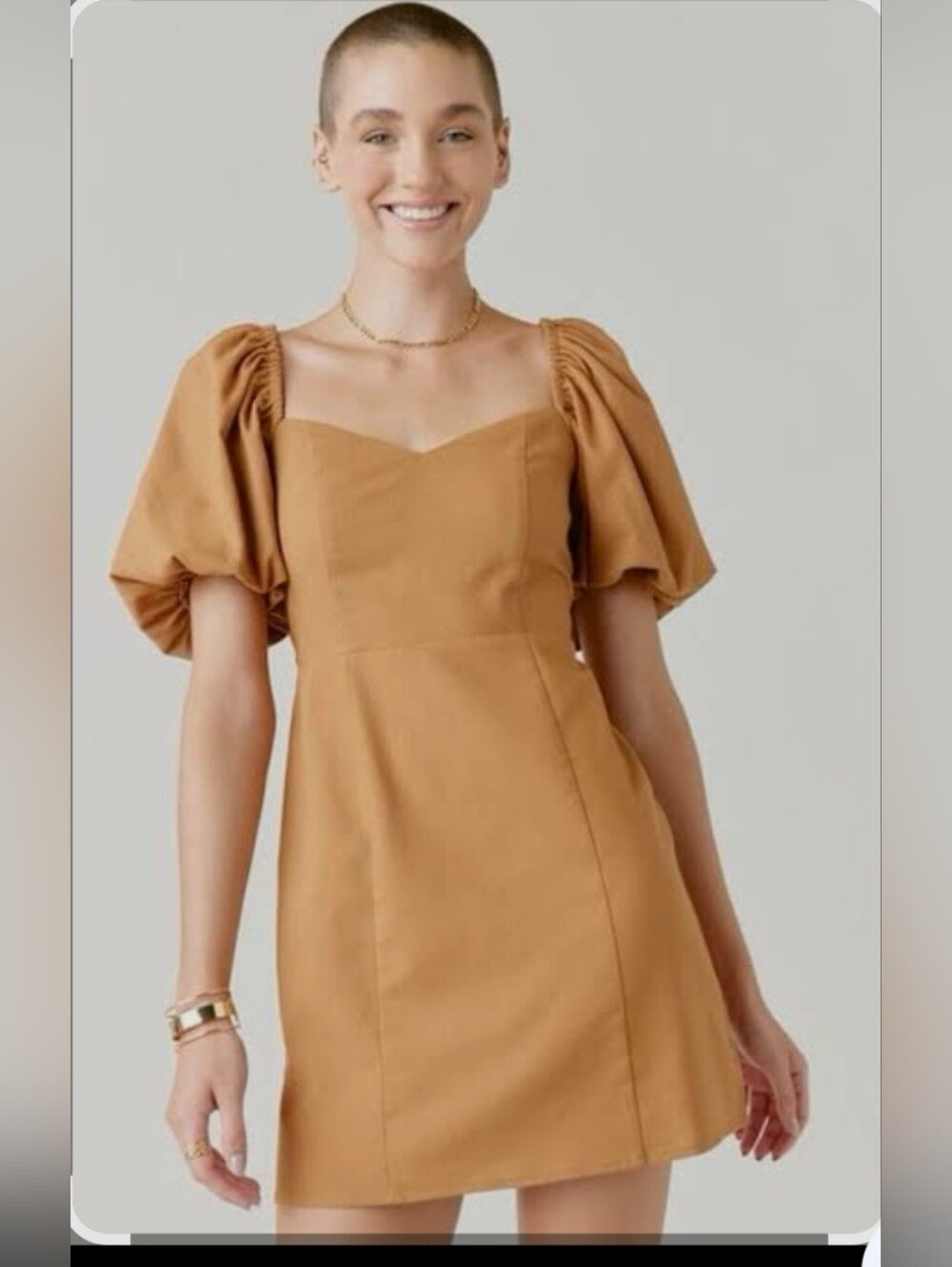 Francesca's Collections Puff-Sleeve Mini Dress in Camel Brown